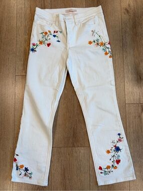 Tory Burch Embroidered White Straight Leg Jeans Size 27 Floral
